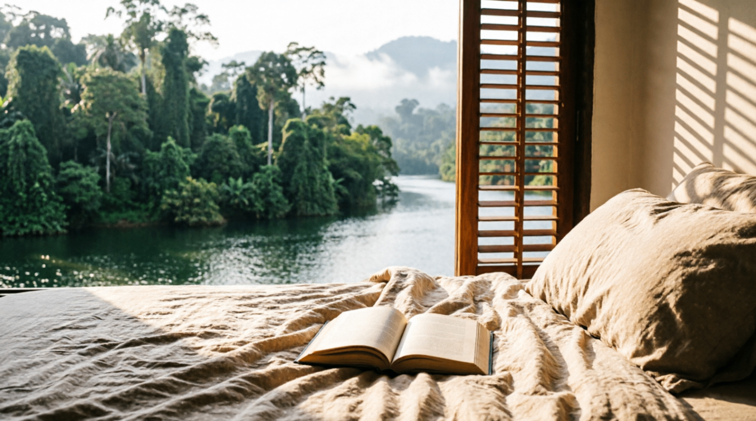 Linen lifting in the afternoon wind beside an unmade bed left open to the trees