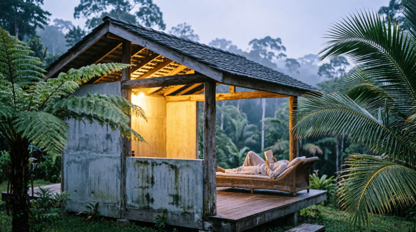 Rock and weathered wood, framed by the jungle it belongs to