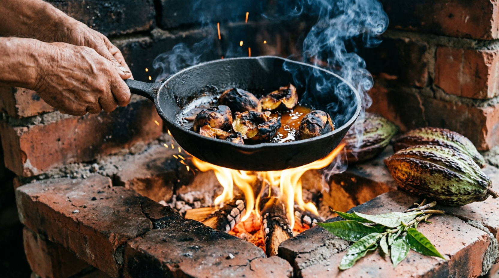 Caribbean fish darkening over open wood embers, smoke drawn sideways by the wind