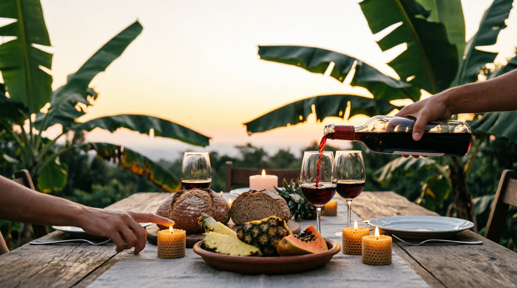 A long table under a timber roof after dark, candles low, the conversation still going