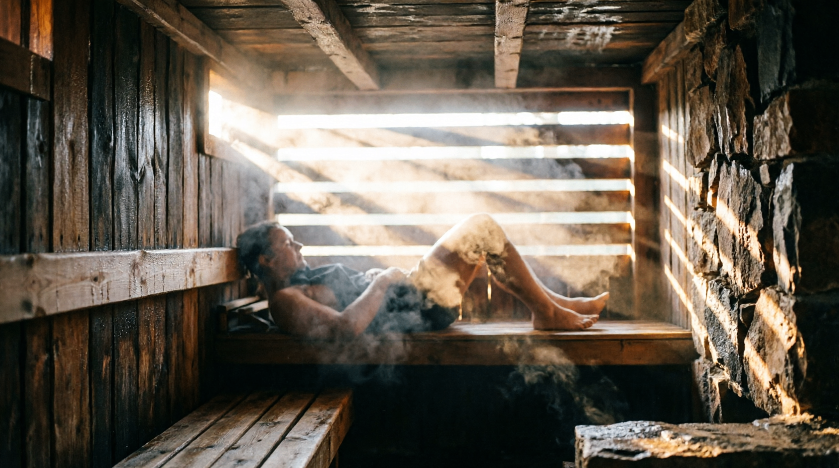Water poured over hot stones, steam lifting into the dark timber of a wood-fired sauna