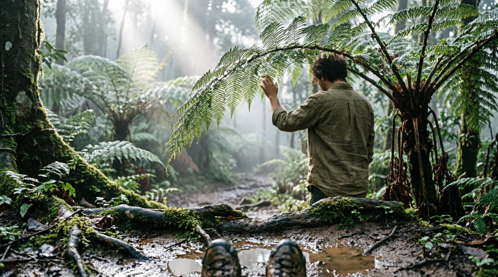 One walker on a narrow trail, the canopy closing overhead and light falling in columns